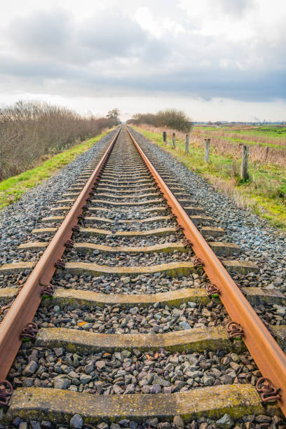 Almost endless straight rail track Almost endless straight rusty colored rail track, with concrete sleepers and gray gravel stones on a cloudy day in the Dutch autumn season. railroad track concrete railway sleeper thoroughfare stock pictures, royalty-free photos & images