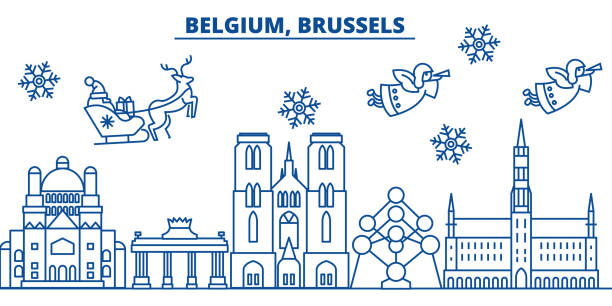 ilustraciones, imágenes clip art, dibujos animados e iconos de stock de bélgica, horizonte de la ciudad de bruselas invierno. feliz navidad, feliz año nuevo decorado banner con santa claus.winter tarjeta de línea de saludo. vector plano, de contorno. ilustración linear de nieve de navidad - región de bruselas capital