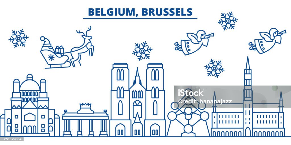 Belgium, Brussels winter city skyline. Merry Christmas, Happy New Year decorated banner with Santa Claus.Winter greeting line card.Flat, outline vector.Linear christmas snow illustration Belgium, Brussels winter city skyline. Merry Christmas, Happy New Year decorated banner with Santa Claus.Winter greeting line card.Flat, outline vector. Linear christmas snow illustration Brussels-Capital Region stock vector