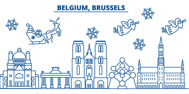 Belgium, Brussels winter city skyline. Merry Christmas, Happy New Year decorated banner with Santa Claus.Winter greeting line card.Flat, outline vector.Linear christmas snow illustration Belgium, Brussels winter city skyline. Merry Christmas, Happy New Year decorated banner with Santa Claus.Winter greeting line card.Flat, outline vector. Linear christmas snow illustration houses in brussels stock illustrations
