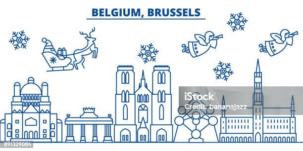 Belgium Brussels Winter City Skyline Merry Christmas Happy New Year Decorated Banner With Santa Clauswinter Greeting Line Cardflat Outline Vectorlinear Christmas Snow Illustration Stock Illustration - Download Image Now