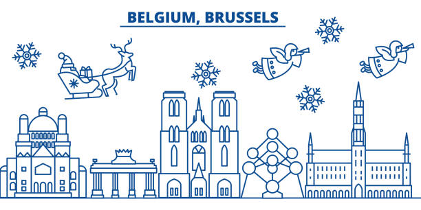 比利時, 布魯塞爾冬天城市天際。聖誕快樂, 新年裝飾與聖誕老人的旗幟. 冬季問候線卡。平面, 輪廓向量。線形聖誕雪景插圖 - 比利時 幅插畫檔、美工圖案、卡通及圖標