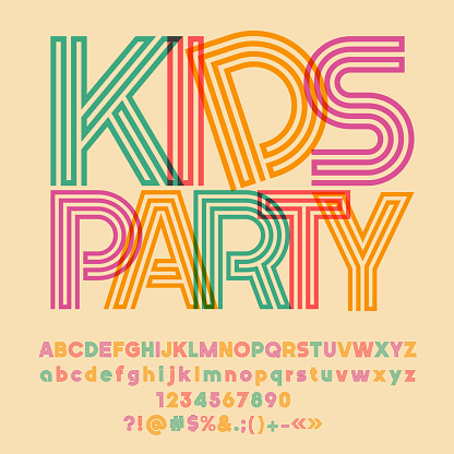 Vector set of colorful Alphabet letters, numbers and symbols. Graphic style Font
