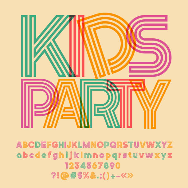 Bright vector symbol with text Kids Party Vector set of colorful Alphabet letters, numbers and symbols. Graphic style Font baby play stock illustrations