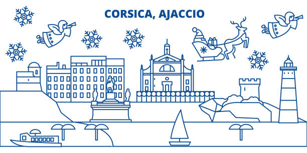 illustrazioni stock, clip art, cartoni animati e icone di tendenza di francia, skyline della città invernale di ajaccio. buon natale, felice anno nuovo decorato striscione con babbo natale.biglietto d'auguri invernale. piatto, vettore contorno. illustrazione lineare della neve di natale - ajaccio