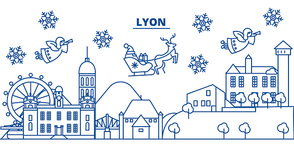 France, Lyon winter city skyline. Merry Christmas, Happy New Year decorated banner with Santa Claus.Winter greeting line card.Flat, outline vector. Linear christmas snow illustration