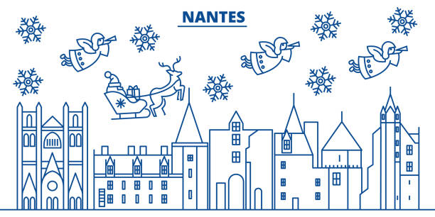 프랑스, 낭트 겨울 도시의 스카이 라인입니다. 메리 크리스마스, 해피 뉴 산타 claus.winter 라인 카드 배너 장식. 평면, 개요 벡터입니다. 선형 크리스마스 눈 그림 - nantes stock illustrations