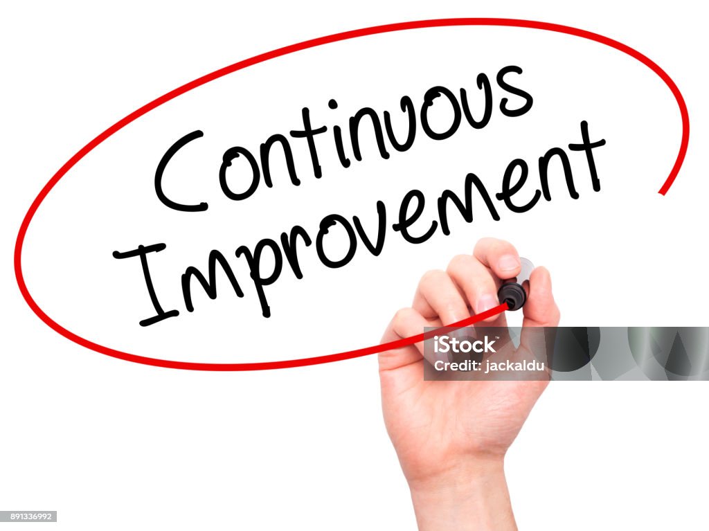 Man Hand writing Continuous Improvement with black marker on visual screen Man Hand writing Continuous Improvement with black marker on visual screen. Isolated on white. Business, technology, internet concept. Stock Photo Improvement Stock Photo