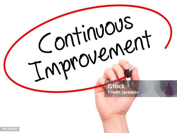 Man Hand Writing Continuous Improvement With Black Marker On Visual Screen Stock Photo - Download Image Now