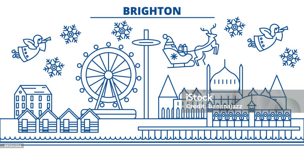 Büyük Britanya, Brighton kış şehir manzarası. Mutlu Noeller, mutlu yeni yıl afiş Santa Claus.Winter tebrik satırı kartı ile dekore edilmiştir. Düz, anahat vektör. Doğrusal Noel kar illüstrasyon - Royalty-free Arka planlar Vector Art