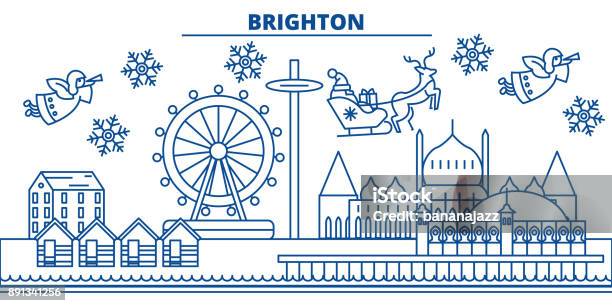 Büyük Britanya Brighton Kış Şehir Manzarası Mutlu Noeller Mutlu Yeni Yıl Afiş Santa Clauswinter Tebrik Satırı Kartı Ile Dekore Edilmiştir Düz Anahat Vektör Doğrusal Noel Kar Illüstrasyon Stok Vektör Sanatı & Arka planlar‘nin Daha Fazla Görseli