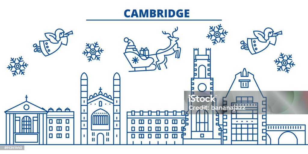 Great Britain, Cambridge winter city skyline. Merry Christmas, Happy New Year decorated banner with Santa Claus.Winter greeting line card.Flat, outline vector.Linear christmas snow illustration Great Britain, Cambridge winter city skyline. Merry Christmas, Happy New Year decorated banner with Santa Claus.Winter greeting line card.Flat, outline vector. Linear christmas snow illustration Cambridge - England stock vector