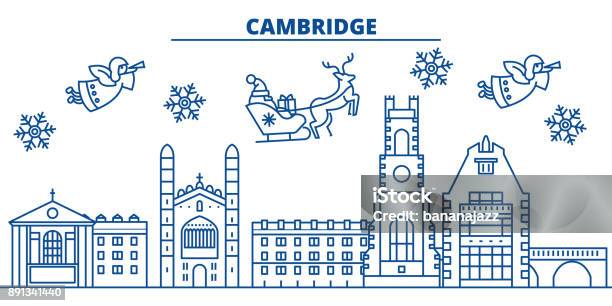 Great Britain Cambridge Winter City Skyline Merry Christmas Happy New Year Decorated Banner With Santa Clauswinter Greeting Line Cardflat Outline Vectorlinear Christmas Snow Illustration Stock Illustration - Download Image Now