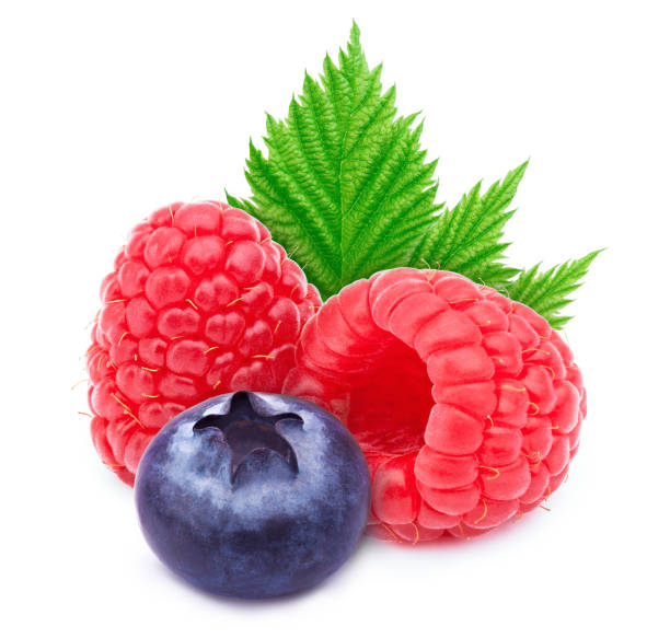 istock Two raspberries and one blueberry isolated 891341552