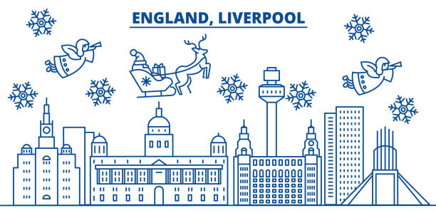 대 브리튼, 리버풀 겨울 도시 스카이 라인 메리 크리스마스, 해피 뉴 산타 claus.winter 라인 카드 배너 장식. 평면, 개요 벡터입니다. 선형 크리스마스 눈 그림 - liverpool stock illustrations