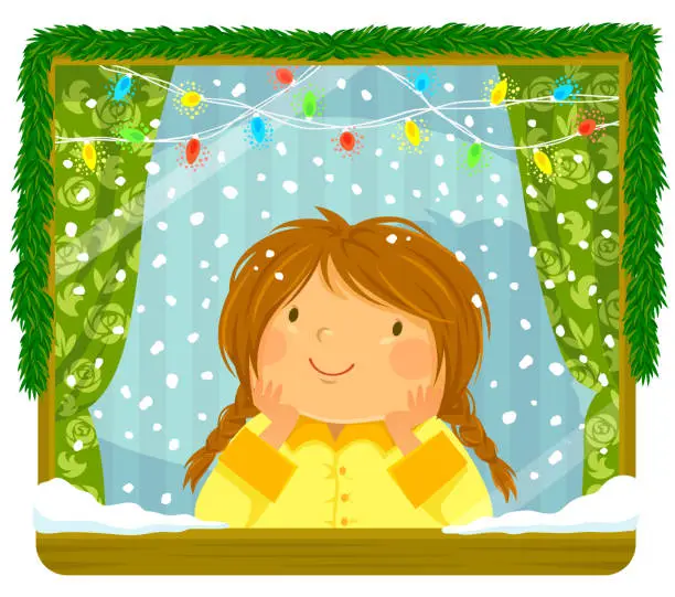 Vector illustration of Girl looking at snow through the window