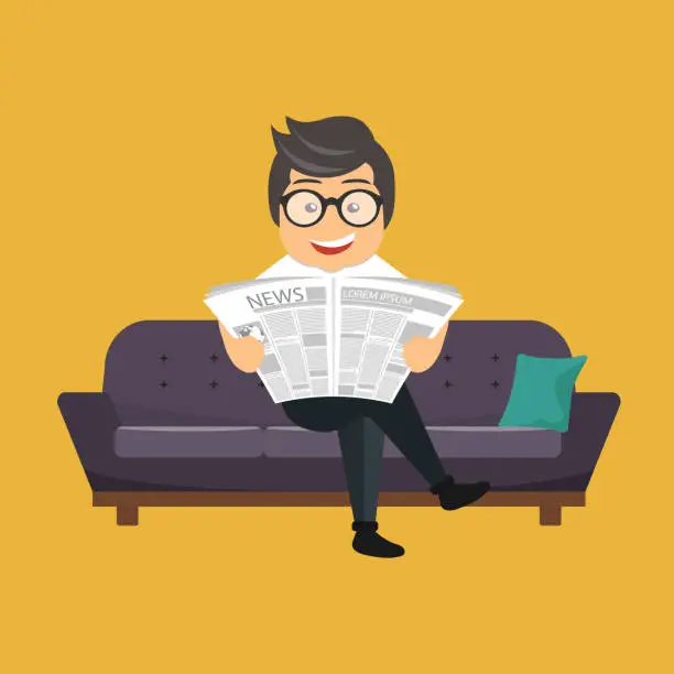 Vector illustration of Businessman reading a newspaper on the sofa in a room or office. Flat cartoon vector illustration