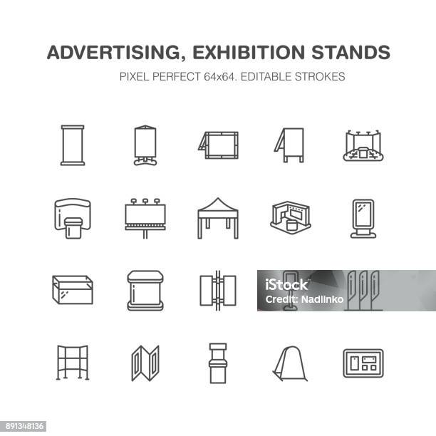 Ilustración de Publicidad Banner Exposición Stands Iconos De La Línea De Visualización Portafolletos Popup Tarjetas Arco Bandera Cartelera Plegable Elementos De Diseño De Promoción De Carpas Muestras De Objetos De Comercio Pixel Perfecto 64 X 64 y más Vectores Libres de Derechos de Ícono