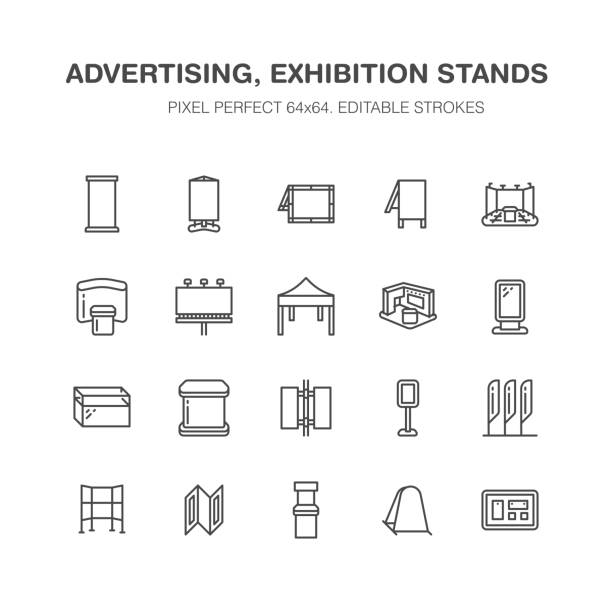 ilustrações, clipart, desenhos animados e ícones de publicidade banner de exposição stands, exibir ícones de linha. suportes do folheto, pop-up painéis, curvem bandeira, outdoor, elementos de design de promoção de marquises de dobramento. sinais de objetos de comércio. pixel perfect 64x64 - exposição