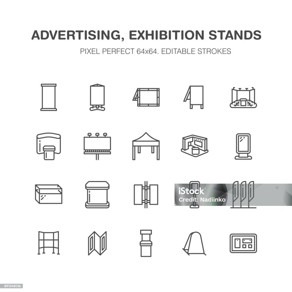 Advertising exhibition banner stands, display line icons. Brochure holders, pop up boards, bow flag, billboard folding marquees promotion design elements. Trade objects signs. Pixel perfect 64x64 Advertising exhibition banner stands, display line icons. Brochure holders, pop up boards, bow flag, billboard folding marquees promotion design elements. Trade objects signs. Pixel perfect 64x64. Icon Symbol stock vector