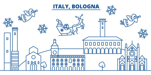 イタリア、ボローニャの冬の街のスカイライン。メリー クリスマス、新年あけましておめでとうございます、サンタ claus.winter カードのラインとバナーを装飾されています。フラットなアウトライン ベクトル。線形のクリスマス雪のイラスト - bologna点のイラスト素材／クリップアート素材／マンガ素材／アイコン素材