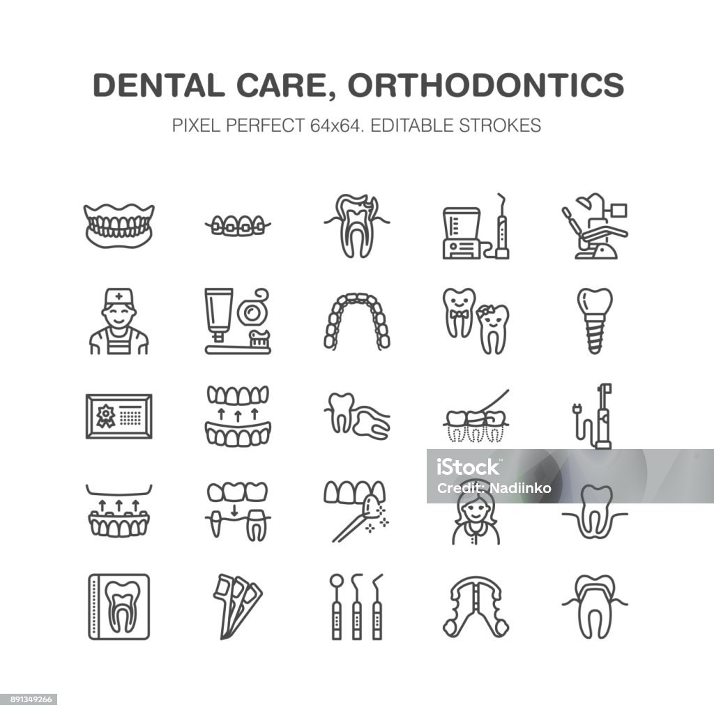 Dentist, orthodontics line icons. Dental equipment, braces, tooth prosthesis, veneers, floss, caries treatment medical elements. Health care thin linear signs for dentistry clinic Pixel perfect 64x64 Dentist, orthodontics line icons. Dental equipment, braces, tooth prosthesis, veneers, floss, caries treatment medical elements. Health care thin linear signs for dentistry clinic Pixel perfect 64x64. Icon Symbol stock vector