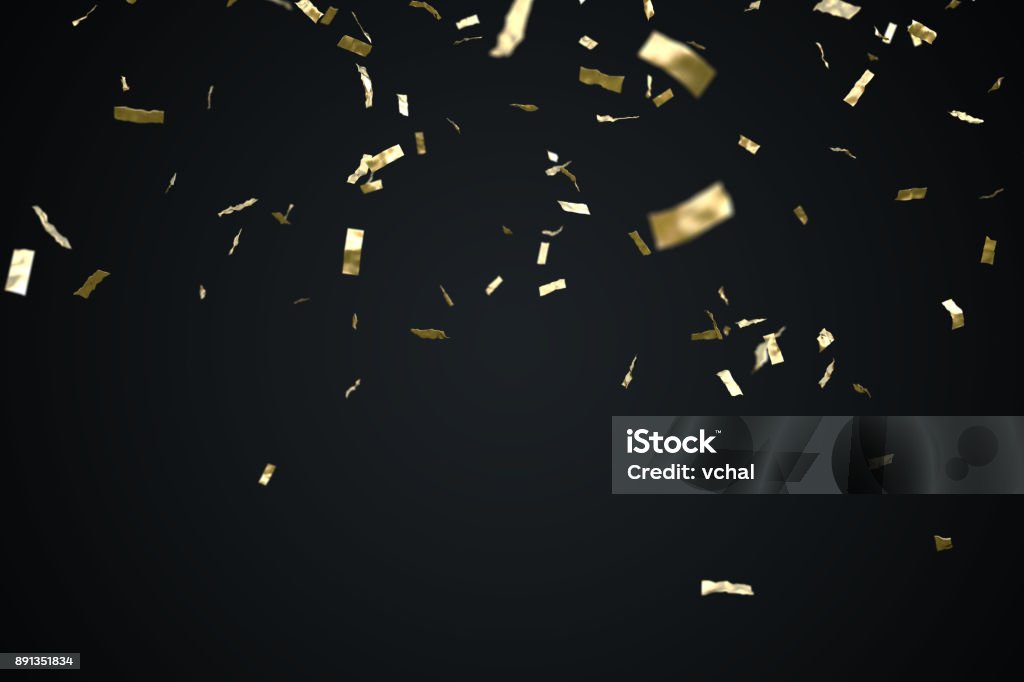 Golden confetti isolated on black background. 3D rendered illustration. Confetti Stock Photo