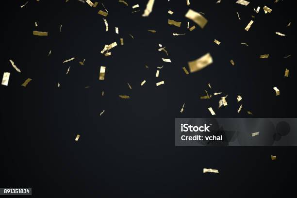 Golden Confetti Isolated On Black Background 3d Rendered Illustration Stock Photo - Download Image Now