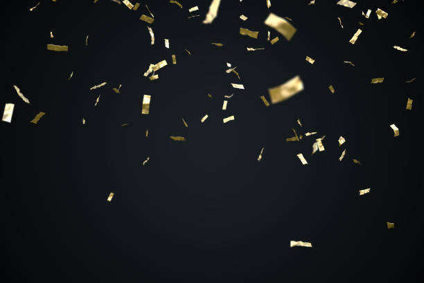 golden confetti isolated on black background. 3d rendered illustration. - confete imagens e fotografias de stock