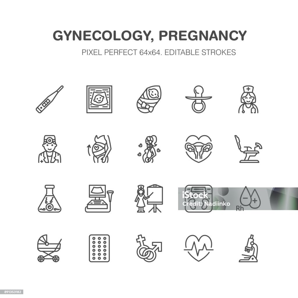 Gynecology, obstetrics vector flat line icons. Pregnancy medical elements - baby ultrasound, in vitro fertilization, test, uterus, pregnant woman. Pixel perfect 64x64 Gynecology, obstetrics vector flat line icons. Pregnancy medical elements - baby ultrasound, in vitro fertilization, test, uterus, pregnant woman. Pixel perfect 64x64. Icon Symbol stock vector