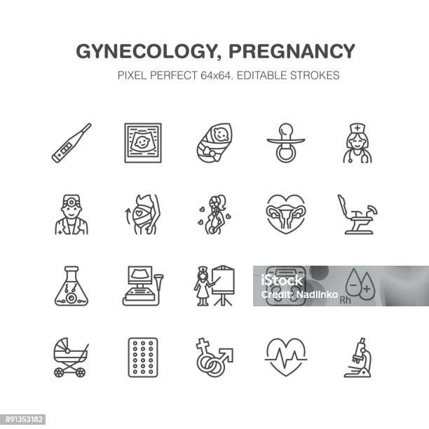 Gynecology Obstetrics Vector Flat Line Icons Pregnancy Medical Elements Baby Ultrasound In Vitro Fertilization Test Uterus Pregnant Woman Pixel Perfect 64x64 Stock Illustration - Download Image Now