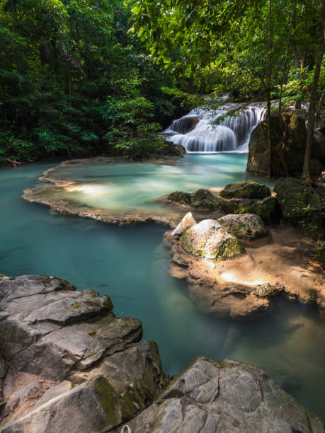 Waterfall at Erawan National Park, Kanchanaburi, Thailand stock photo