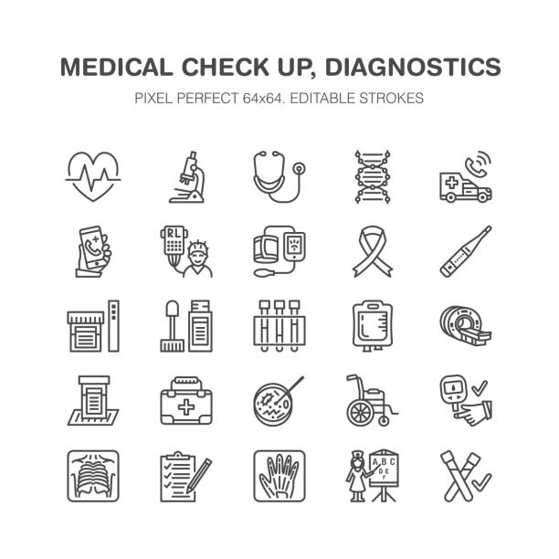 Medical check up, flat line icons. Health diagnostics equipment - mri, tomography, glucometer, stethoscope, blood pressure, x-ray, blood test. Hospital outline signs Pixel perfect 64x64 Medical check up, flat line icons. Health diagnostics equipment - mri, tomography, glucometer, stethoscope, blood pressure, x-ray, blood test. Hospital outline signs. Pixel perfect 64x64 diagnostic equipment stock illustrations