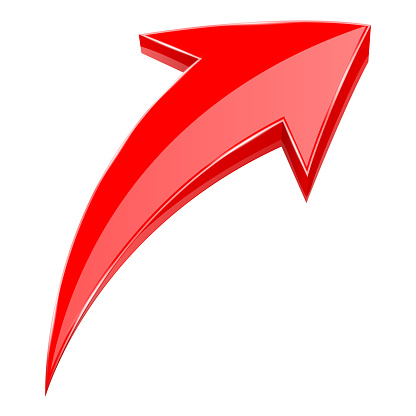 Red arrow. 3d shiny UP rising icon. Vector illustration isolated on white background