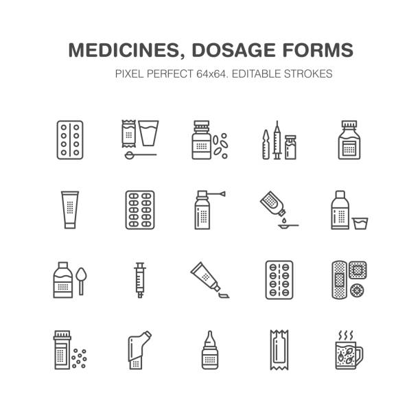 ilustraciones, imágenes clip art, dibujos animados e iconos de stock de medicamentos, dosis forma los iconos de la línea. los medicamentos de farmacia, tabletas, cápsulas, pastillas, antibióticos, vitaminas, analgésicos. operario de tratamientos médico, señales de salud lineal para el almacén de la droga. pixel perfecto 64 x 64 - jarabe para la tos