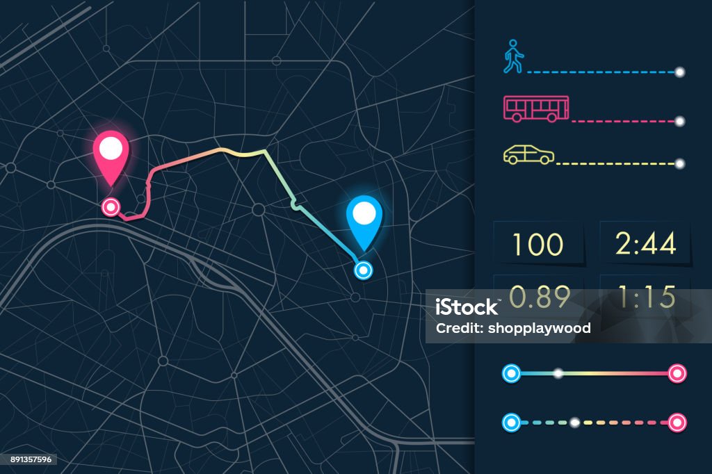 city map navigation Dashboard theme creative infographic of city map navigation. The interface of the application Navigator, vector illustration Global Positioning System stock vector