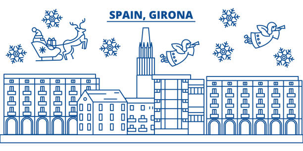 西班牙, 赫羅納的冬季城市天際線。聖誕快樂, 新年裝飾與聖誕老人的旗幟. 冬季問候線卡。平面, 輪廓向量。線形聖誕雪景插圖 - girona 幅插畫檔、美工圖案、卡通及圖標