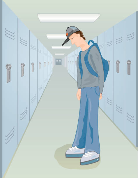 школа мальчик loner - locker high school student student backpack stock illustrations
