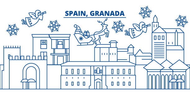 Spain, Granada winter city skyline. Merry Christmas, Happy New Year decorated banner with Santa Claus.Winter greeting line card.Flat, outline vector.Linear christmas snow illustration Spain, Granada winter city skyline. Merry Christmas, Happy New Year decorated banner with Santa Claus.Winter greeting line card.Flat, outline vector. Linear christmas snow illustration granada stock illustrations