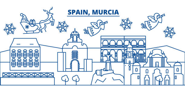 스페인 무르시아 겨울 도시의 스카이 라인입니다. 메리 크리스마스, 해피 뉴 산타 claus.winter 라인 카드 배너 장식. 평면, 개요 벡터입니다. 선형 크리스마스 눈 그림 - murcia stock illustrations