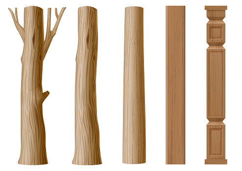 Set of pillars of wood in eco style. The trunk of a tree , a log and carved column. Vector graphics