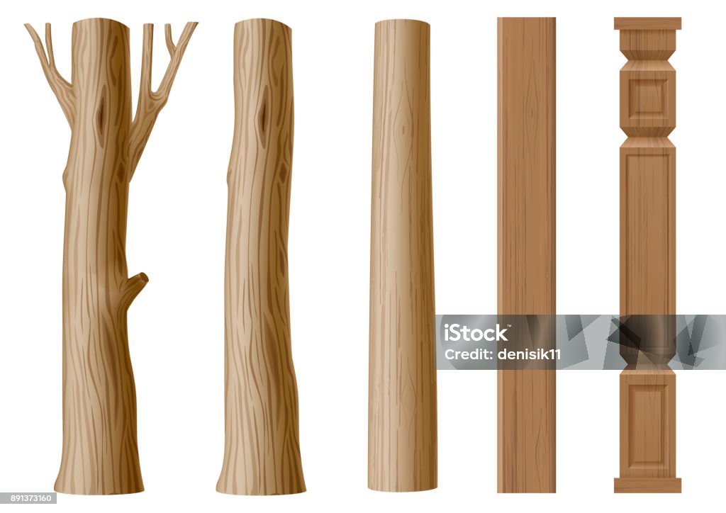 Set of pillars of wood Set of pillars of wood in eco style. The trunk of a tree , a log and carved column. Vector graphics Tree Trunk stock vector