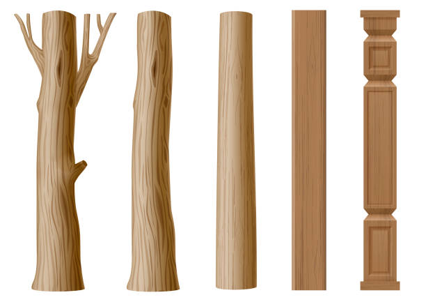 Set of pillars of wood Set of pillars of wood in eco style. The trunk of a tree , a log and carved column. Vector graphics rustic wooden beam stock illustrations