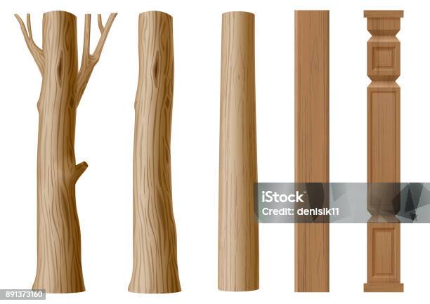 Set Of Pillars Of Wood Stock Illustration - Download Image Now - Tree Trunk, Wood - Material, Roof Beam