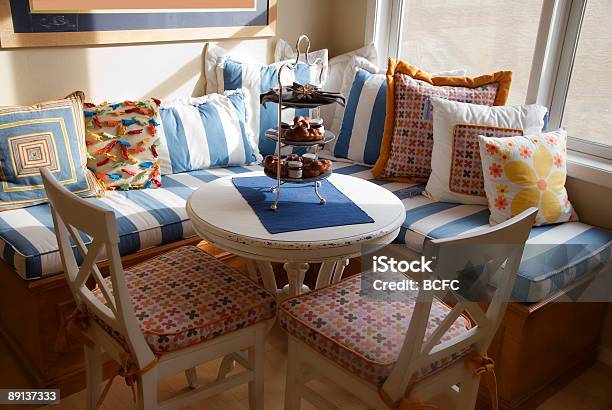 Colorful Hamptons Style Kitchen Nook Stock Photo - Download Image Now - Nook - Architecture, Indoors, Bench