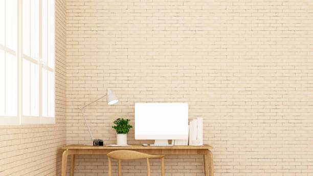 istock workplace and brick wall in apartment or home - Interior design for artwork - 3D Rendering 891373332