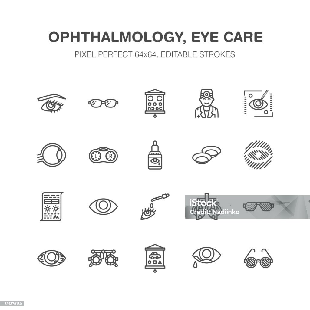 Ophthalmology, eyes health care line icons. Optometry equipment, contact lenses, glasses, blindness. Vision correction thin linear signs for oculist clinic. Pixel perfect 64x64 Ophthalmology, eyes health care line icons. Optometry equipment, contact lenses, glasses, blindness. Vision correction thin linear signs for oculist clinic. Pixel perfect 64x64. Icon Symbol stock vector