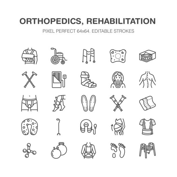 illustrations, cliparts, dessins animés et icônes de orthopédie, rééducation des traumatismes ligne icônes. béquilles, oreiller matelas, collier cervical, déambulateurs, marchandises de réadaptation médicale. soins de santé signes linéaires minces pour la clinique et l’hôpital. pixel perfect 64 x 64 - crutch