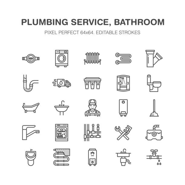 sanitär-service-vektor-flache linie-icons. haus ausstattung des bades, wasserhahn, toilette, pipeline, waschmaschine, geschirrspüler. klempner reparatur abbildung, anzeichen für heimwerkerdienstleistungen. pixel perfect 64 x 64 - sink toilet bathtub installing stock-grafiken, -clipart, -cartoons und -symbole