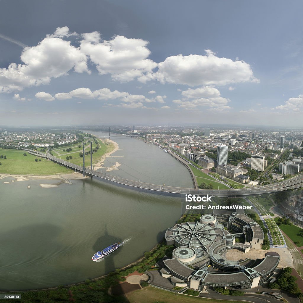 Panorama (140°) of the Rhine and Düsseldorf, taken by the Rhine Tower  Politics Stock Photo